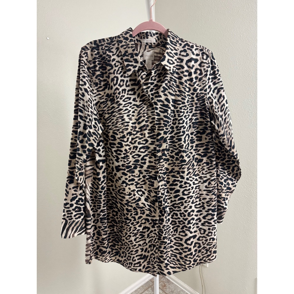 Chicos‎ No-Iron Mixed Animal Print Button Down Shirt Leopard Zebra Size Large